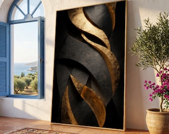 Elegant Gold Ribbon Abstract, Dark Luxury Canvas Wall Art, Modern Geometric Design, Metallic Home Decor, Glamorous Wall Accent