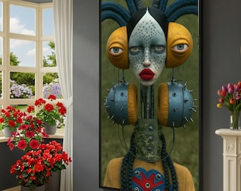 Futuristic Abstract Portrait Canvas, Surreal Face Wall Art, Contemporary Home Decoration, Unique Character Canvas, Modern Figurative Design
