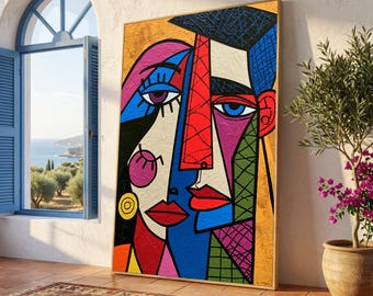 Pablo Picasso Style Cubist Faces Canvas Wall Art, Modern Abstract Portrait, Colorful Geometric Home Decor