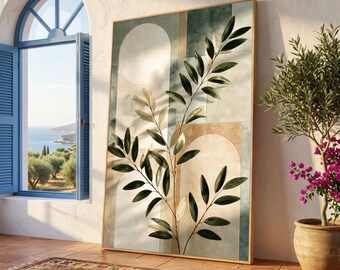 Modern Botanical Canvas Wall Art, Leaf Branch Design, Abstract Arch Background, Green and Beige Home Decor, Nature Wall Decoration