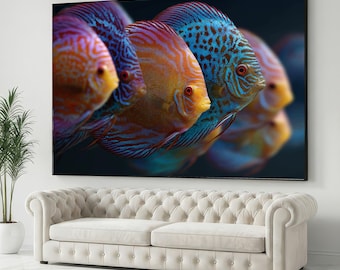 Vibrant Discus Fish Canvas Wall Art, Tropical Aquarium Fish Decor, Colorful Underwater Canvas, Marine Life Ready to Hang Wall Decoration