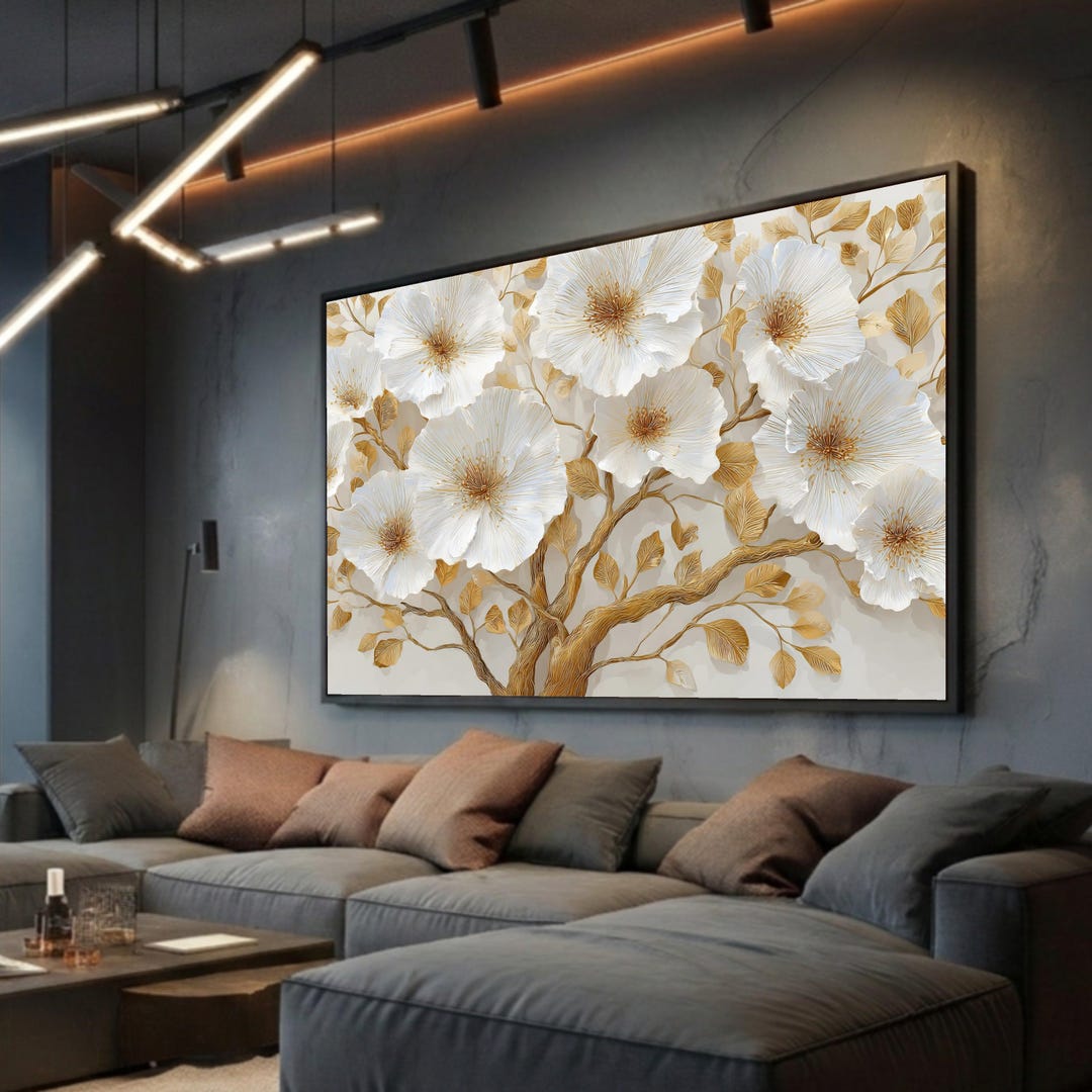 Elegant White and Gold Floral Canvas Wall Art, 3D Effect Flower & Tree ...