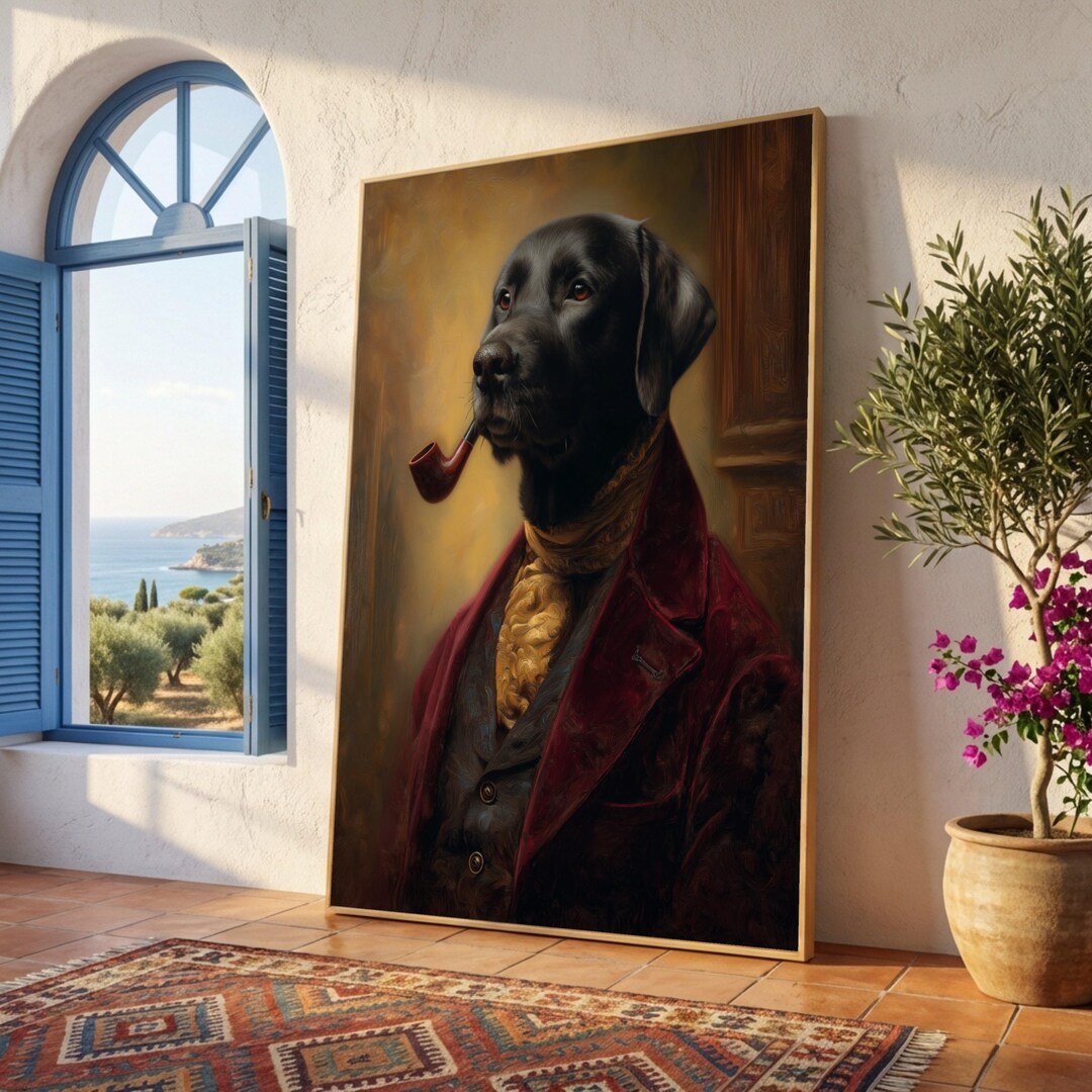 Distinguished Black Labrador With Pipe Canvas, Vintage Dog Portrait ...