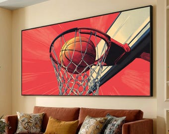 Dynamic Basketball Hoop Close-Up Canvas, Sports Wall Art, Modern Athletic Decor, Vibrant Hoop and Ball Canvas, Game Action Artwork