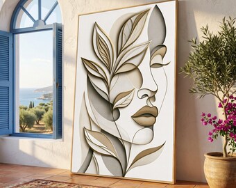 Modern Abstract Female Face Canvas, Neutral Toned Leaf Wall Art, Minimalist Line Art Canvas, Contemporary Home Decor, Ready to Hang