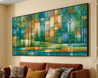 Abstract Forest Mosaic Canvas, Nature Trees Wall Art, Geometric Home Decor, Green and Earth Tone Canvas, Contemporary Landscape Design