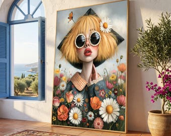 Whimsical Girl with Sunglasses and Flower Crown Canvas, Floral Field Wall Art, Colorful Spring Meadow Decoration, Large Canvas Portrait