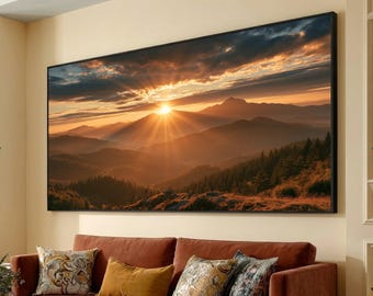 Golden Sunset Mountain View Canvas, Radiant Sun Rays Wall Art, Scenic Landscape Canvas, Nature Decor, Ready to Hang Canvas Art