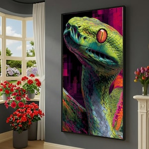 Puede incluir: Una impresión artística enmarcada que presenta un primer plano de la cabeza de una serpiente. La serpiente tiene escamas verdes y azules, un ojo rojo, y está sobre un fondo negro y magenta. La obra de arte se exhibe en una pared gris.