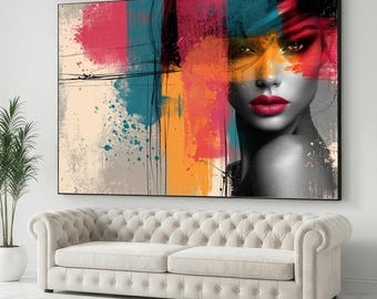 Modern Abstract Female Portrait Canvas, Colorful Face Art Print, Contemporary Wall Decor, Fashion Beauty Canvas, Vibrant Home Decoration