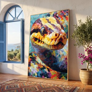 Colorful Mosaic Snake Canvas Wall Art, Abstract Reptile Design, Vibrant Animal Nature Decor, Modern Home Decoration, Ready to Hang