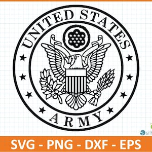 May include: A black and white United States Army emblem. The circular design features an eagle with outstretched wings, a shield, stars, and the text "UNITED STATES ARMY". The image also includes the file types SVG, PNG, DXF, and EPS.