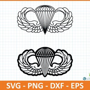 Puede incluir: Gráfico en blanco y negro de dos emblemas de alas de paracaídas. Cada emblema presenta un diseño de paracaídas con un ala a cada lado. La parte inferior de la imagen muestra el texto "SVG - PNG - DXF - EPS".