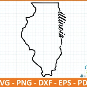 May include: Black outline of the state of Illinois with the word "Illinois" in a cursive font. The image is set against a grid background and includes the file type formats: SVG, PNG, DXF, EPS, and PDF.