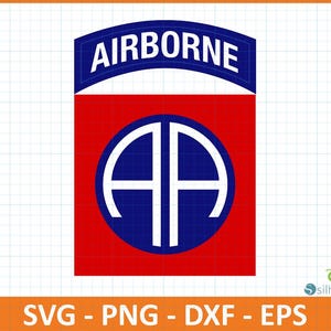 Könnte beinhalten: Ein rot-weiß-blaues Grafikdesign mit dem Wort "AIRBORNE" in weißem, gebogenem Text über einem roten Quadrat. Innerhalb des Quadrats befindet sich ein blauer Kreis mit den weißen Buchstaben "AA". Der untere Teil des Bildes zeigt "SVG - PNG - DXF - EPS".