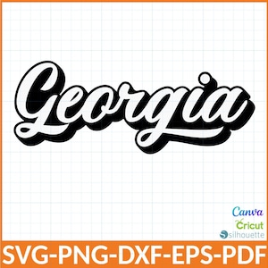 Op de afbeelding: Een zwart-wit afbeelding van het woord "Georgia" in een cursief lettertype. Het woord is zwart omlijnd met een witte vulling. De afbeelding bevat ook de bestandstypen SVG, PNG, DXF, EPS en PDF.