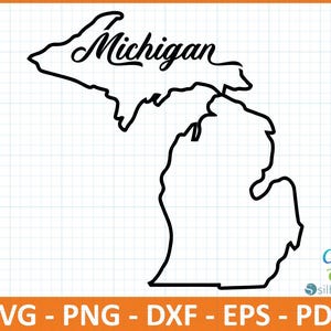 May include: Black outline of the state of Michigan with the word "Michigan" in cursive script. The image includes the file types SVG, PNG, DXF, EPS, and PDF. The background is a grid pattern with an orange border.