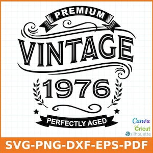 May include: Black and white vintage design with the word "VINTAGE" above the year "1976". The design includes banners that read "PREMIUM" and "PERFECTLY AGED". The bottom of the image includes file type options: SVG-PNG-DXF-EPS-PDF.