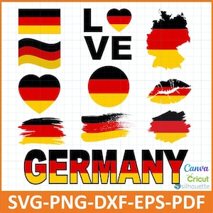 Könnte beinhalten: Eine Sammlung von Deutschland-Grafiken in Schwarz, Rot und Gelb. Enthält Flaggen, ein Herz, das Wort "LOVE" mit einem Herz, eine Landkarte, einen Kussmund und das Wort "GERMANY". Formate: SVG, PNG, DXF, EPS, PDF.