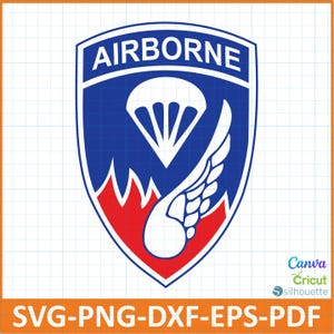 May include: A blue, red, and white shield-shaped graphic with the word "AIRBORNE" at the top. The design includes a parachute, a wing, and a red flame-like shape at the bottom. The graphic is labeled with "SVG-PNG-DXF-EPS-PDF".