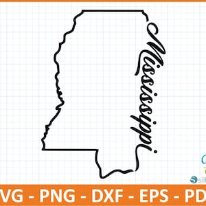 May include: Black outline of the state of Mississippi with the word "Mississippi" in a cursive font. The image is on a grid background with the file types SVG, PNG, DXF, EPS, and PDF listed at the bottom.
