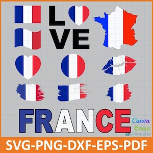 Könnte beinhalten: Eine Sammlung grafischer Elemente mit der französischen Flagge in verschiedenen Formen, darunter Herzen, Kreise und eine Kartenkontur. Das Wort "FRANCE" wird in Blau und Rot dargestellt, mit Dateiformatoptionen darunter.