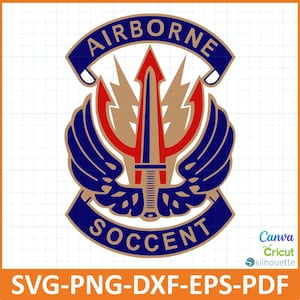 May include: A detailed emblem featuring a central trident design with a sword, flanked by wings. The words "AIRBORNE" and "SOCCENT" are arched above and below the central design, respectively. The emblem is in shades of blue, red, and tan, with the file formats SVG, PNG, DXF, EPS, and PDF.