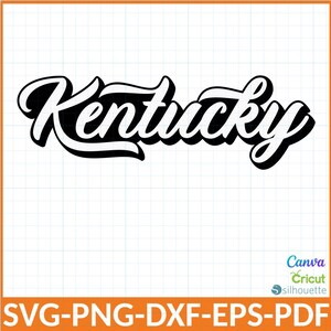 Könnte beinhalten: Schwarz-weiße Grafik des Wortes "Kentucky" in einer Schreibschrift. Das Wort hat einen Schatteneffekt, und das Bild enthält die Dateitypoptionen: SVG-PNG-DXF-EPS-PDF.