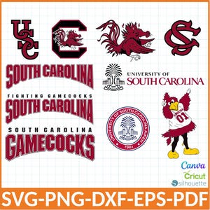 May include: A selection of South Carolina Gamecocks logos and text designs in maroon and black. Includes the USC logo, the Gamecock mascot, and text that reads "South Carolina" and "Fighting Gamecocks". The image also includes file type information.