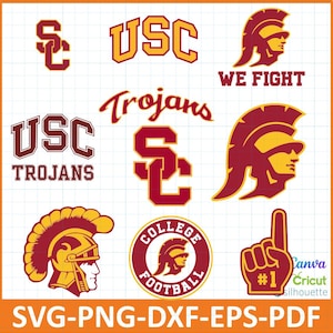 May include: A collection of maroon and gold USC Trojans graphics, including logos, a Trojan helmet, and a foam finger. Text includes "USC", "Trojans", "We Fight", and "College Football". File formats: SVG, PNG, DXF, EPS, and PDF.
