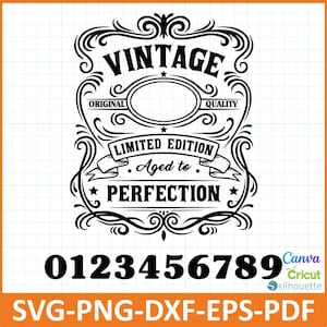 May include: Black and white vintage-themed design with the words "VINTAGE", "ORIGINAL", "QUALITY", "LIMITED EDITION", and "PERFECTION". Includes the numbers 0-9 and file type options: SVG, PNG, DXF, EPS, and PDF.