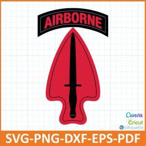 May include: A red arrowhead design with a black dagger in the center, and a black banner above it with the word "AIRBORNE" in red. The bottom of the image has the text "SVG-PNG-DXF-EPS-PDF".