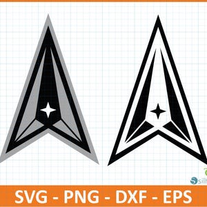 May include: Two vector graphics of a stylized arrow design. One is black and white, the other is black, gray, and white. Each has a star in the center. The bottom of the image has the text "SVG - PNG - DXF - EPS".