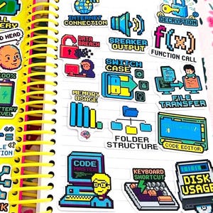 50 Programming Code Pixel Stickers, Retro Computer Decal, Old Web Core Tech Laptop Decor for Geeky Programmers, Gift for Him