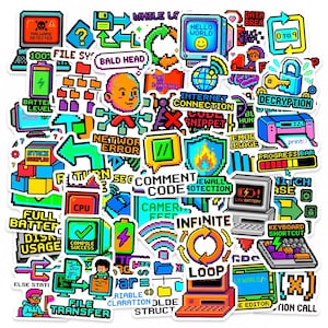 May include: A collection of colorful pixel art stickers featuring computer science and programming themes. Designs include icons for malware, battery levels, network errors, comment code, infinite loops, and various tech-related text labels.