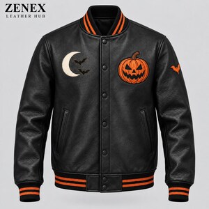 Jaqueta Varsity Masculina de Couro Legítimo para o Halloween, Preta com Bordados de Abóbora e Morcego