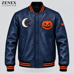 Giacca stile college da uomo in vera pelle per Halloween, con ricami di zucca, luna e pipistrello.