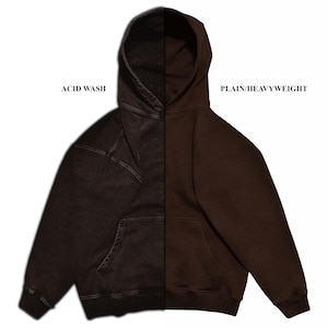 May include: A split-design hoodie, showcasing two distinct styles. The left side features an acid wash effect in a dark charcoal color, while the right side is a plain, heavyweight fabric in a rich brown hue. The hoodie has a kangaroo pocket and a hood.