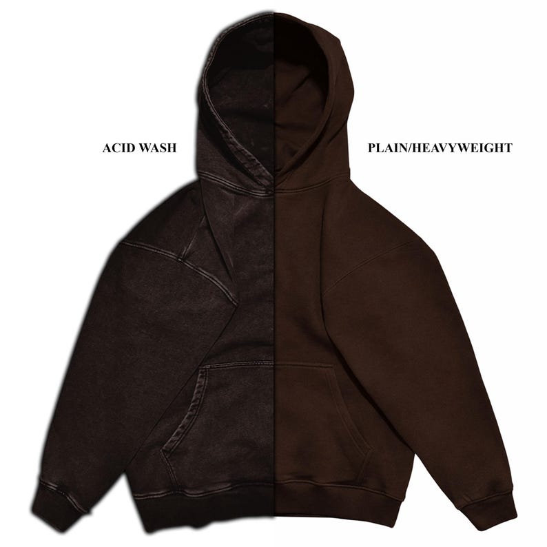 May include: A split-design hoodie, showcasing two distinct styles. The left side features an acid wash effect in a dark charcoal color, while the right side is a plain, heavyweight fabric in a rich brown hue. The hoodie has a kangaroo pocket and a hood.