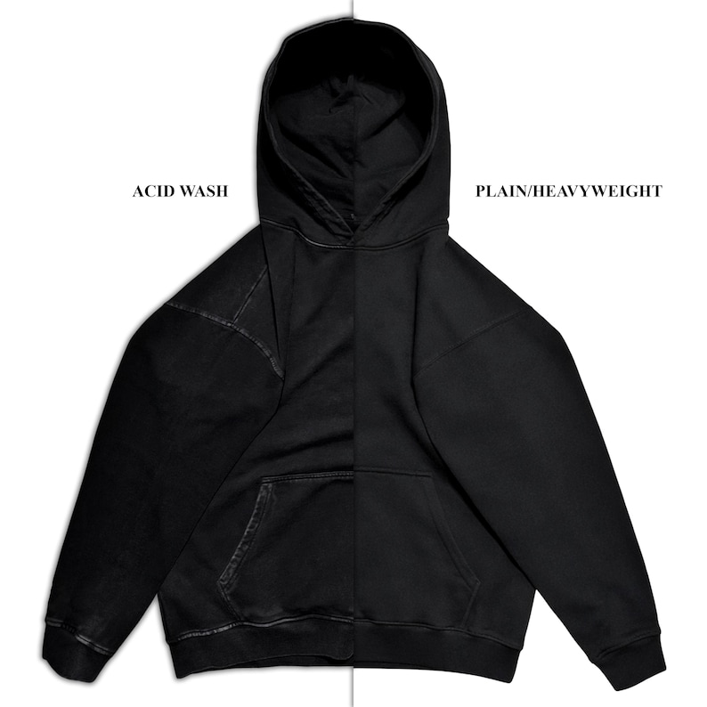 May include: Black hoodie with a kangaroo pocket and drawstring hood. The left side features an acid wash effect, while the right side is plain. The text "ACID WASH" and "PLAIN/HEAVYWEIGHT" are printed on the image.