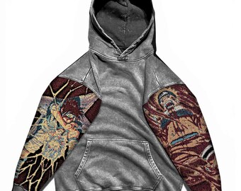 Popular Anime Tapestry Double-Sleeved Hoodie, Acid Washed Anime Gifts For Him and Her