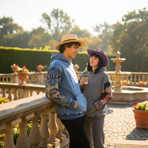 May include: Two people wearing matching hoodies with graphic sleeves and hats. One hoodie is blue, the other is gray. One person wears a straw hat, the other a purple cowboy hat. They are standing outside near a stone railing and fountain.