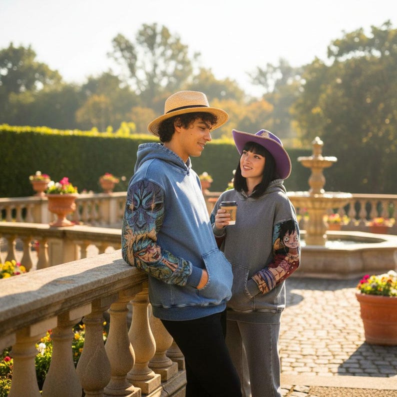 May include: Two people wearing matching hoodies with graphic sleeves and hats. One hoodie is blue, the other is gray. One person wears a straw hat, the other a purple cowboy hat. They are standing outside near a stone railing and fountain.