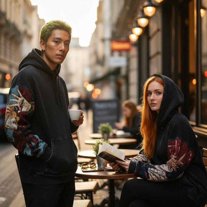 May include: Two people wearing black hoodies with tapestry sleeves are shown outdoors. One person holds a white cup, the other reads a book. The hoodies have a front pocket and a hood. The sleeves feature a colorful tapestry design.