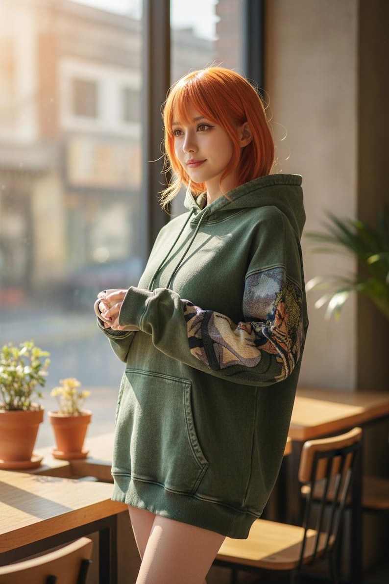 May include: An olive green hoodie with a front pocket and drawstring hood. The sleeves feature a detailed, colorful illustration. The person in the image is wearing the hoodie. The background includes a window, tables, and potted plants.