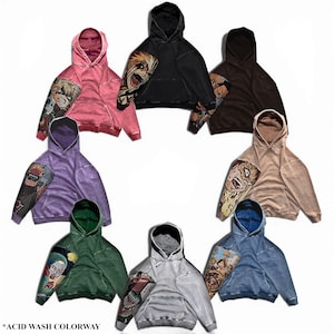 May include: A collection of acid wash hoodies in various colors, including pink, black, brown, tan, purple, green, gray, and blue. Each hoodie features a graphic design on the sleeve. The text "*ACID WASH COLORWAY" is at the bottom.