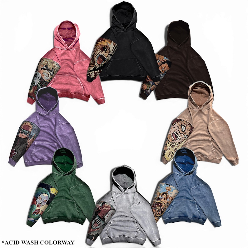 May include: A collection of acid wash hoodies in various colors, including pink, black, brown, tan, purple, green, gray, and blue. Each hoodie features a graphic design on the sleeve. The text "*ACID WASH COLORWAY" is at the bottom.