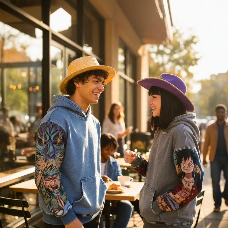 May include: Two people wearing hoodies and hats are smiling at each other outdoors. One person wears a light blue hoodie with a straw hat, the other wears a gray hoodie and a purple hat. The hoodies have colorful anime-style sleeve art.