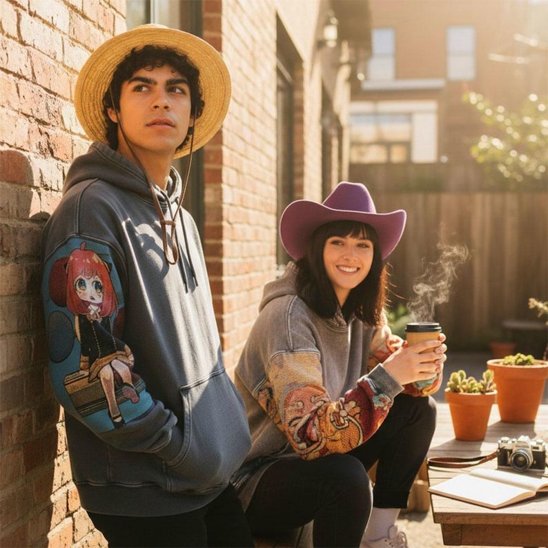 May include: Two people wearing gray hoodies with colorful anime character designs on the sleeves. One person wears a straw hat, the other a purple cowboy hat. They are sitting outside near a brick wall.