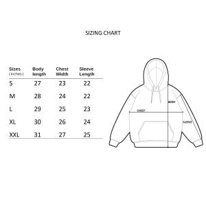 May include: A white background displays a sizing chart for a hooded sweatshirt. The chart lists sizes (inches), body length, chest width, and sleeve length. A line drawing of a hoodie illustrates the measurements.